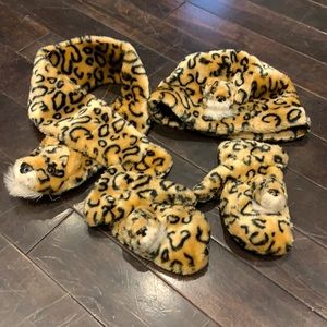Leopard hat, scarf and mitten ensemble
